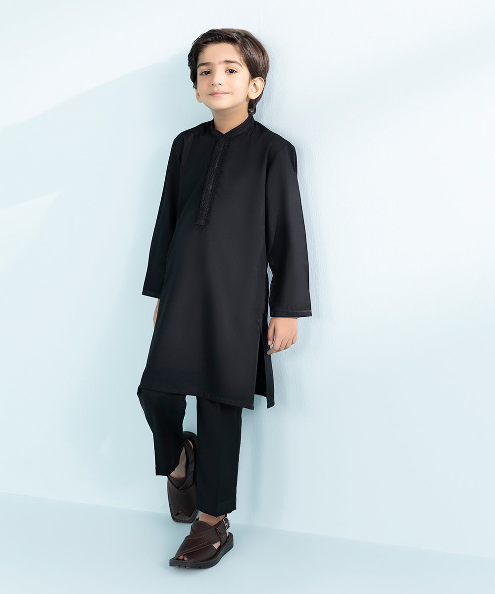 Kid Boys Black 2 Piece- Embroidered Dobby Suit