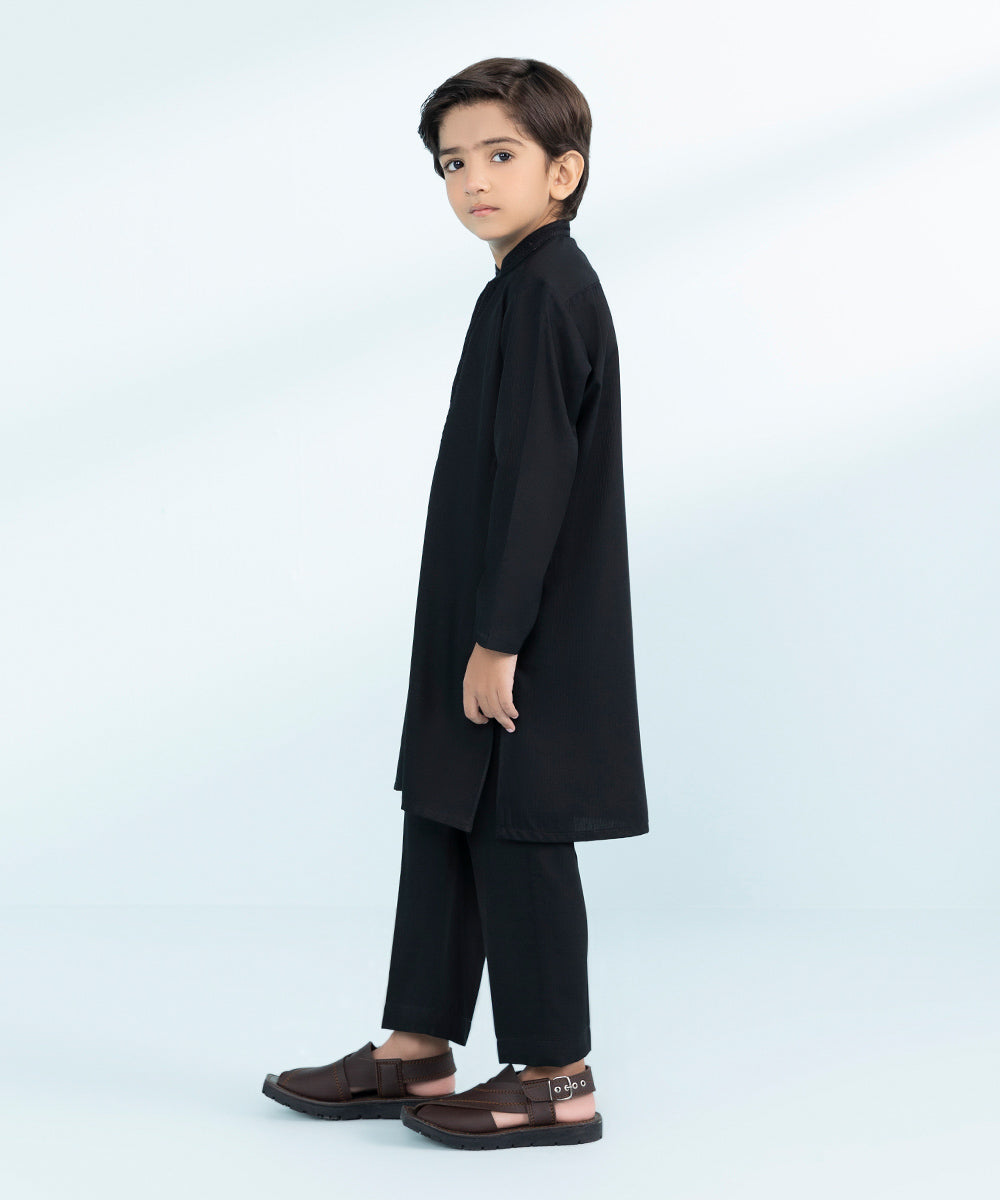 Kid Boys Black 2 Piece- Embroidered Dobby Suit