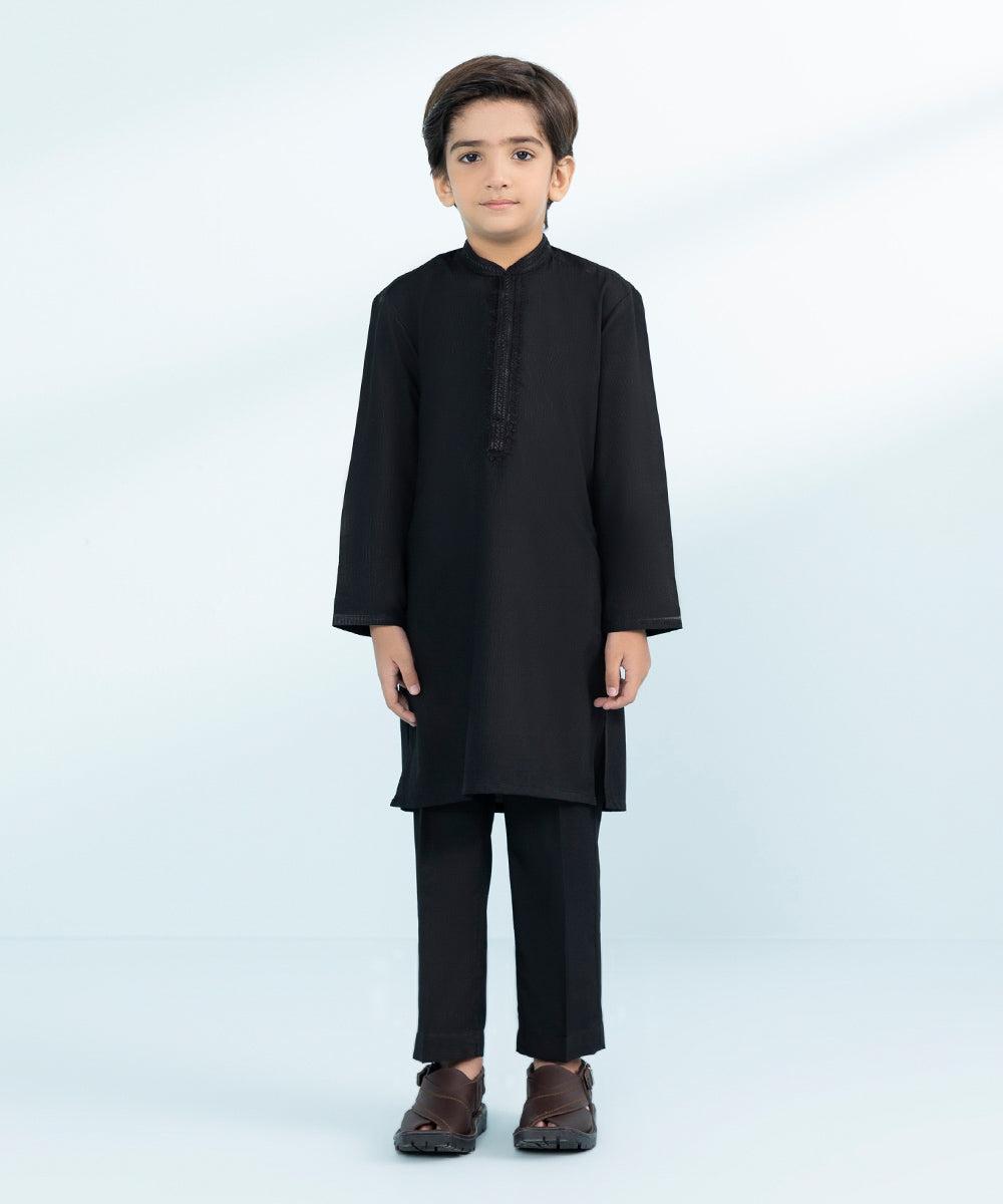 Kid Boys Black 2 Piece- Embroidered Dobby Suit