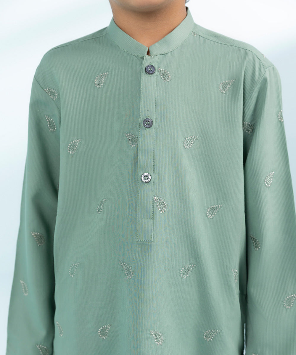 Kid Boys Sea Green 2 Piece- Embroidered Dobby Suit