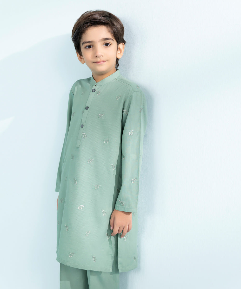 Kid Boys Sea Green 2 Piece- Embroidered Dobby Suit