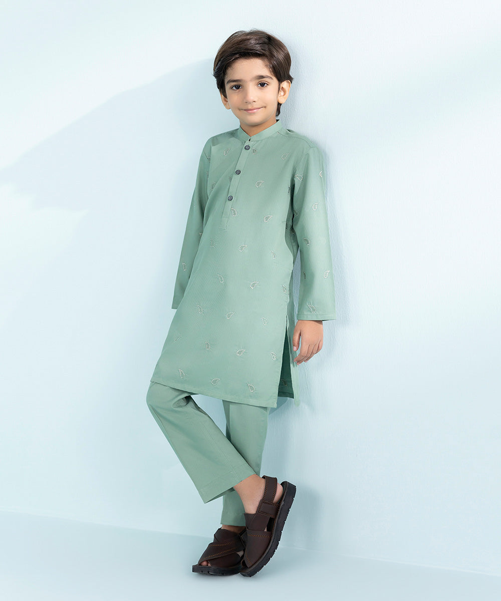 Kid Boys Sea Green 2 Piece- Embroidered Dobby Suit