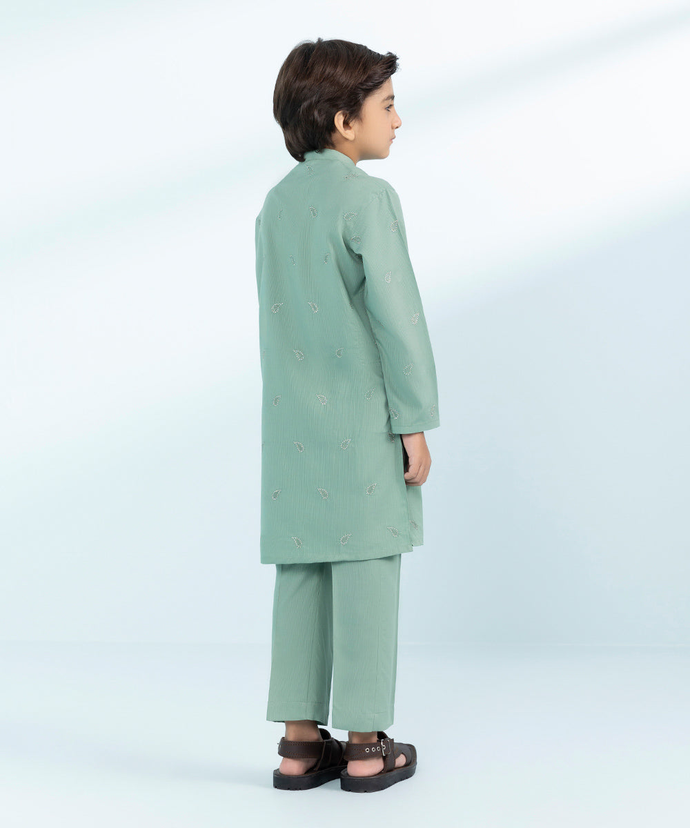 Kid Boys Sea Green 2 Piece- Embroidered Dobby Suit