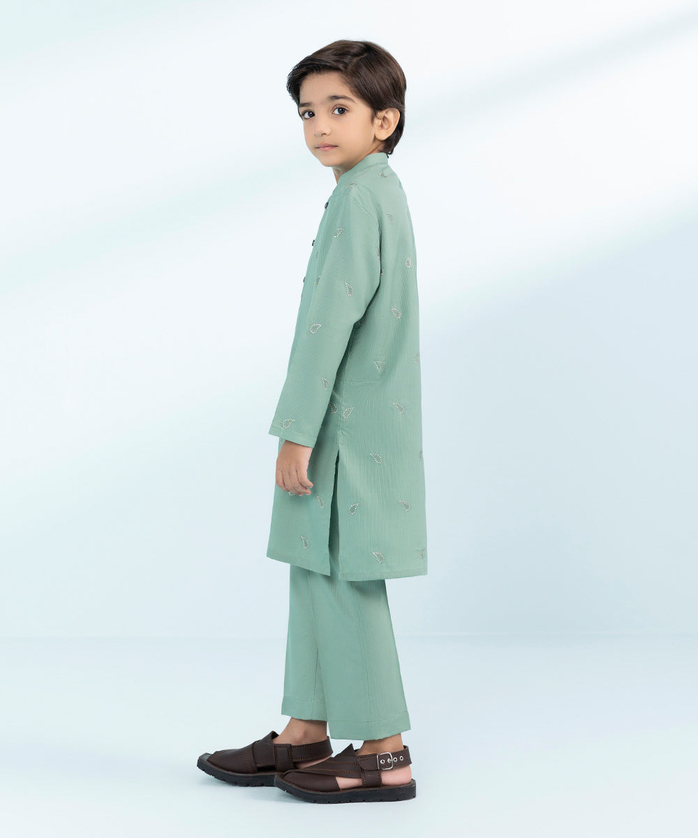 Kid Boys Sea Green 2 Piece- Embroidered Dobby Suit