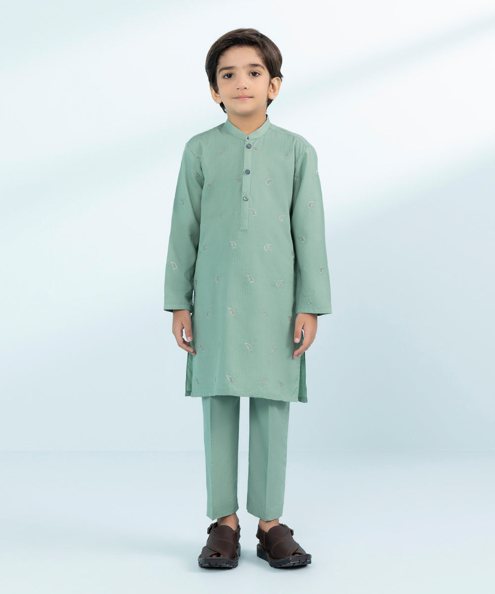 Kid Boys Sea Green 2 Piece- Embroidered Dobby Suit