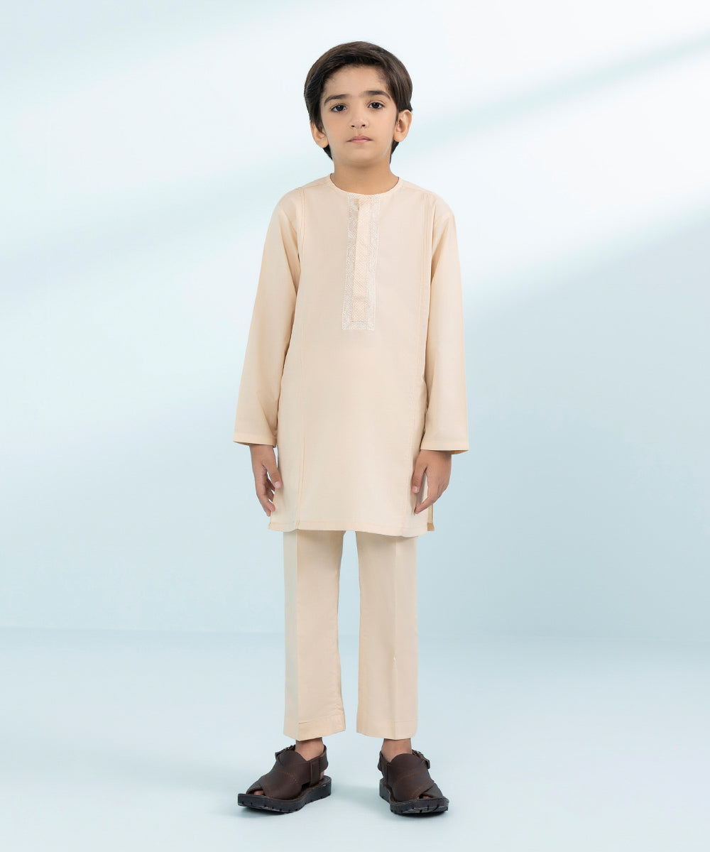 Kid Boys Cream 2 Piece- Embroidered Cambric Suit