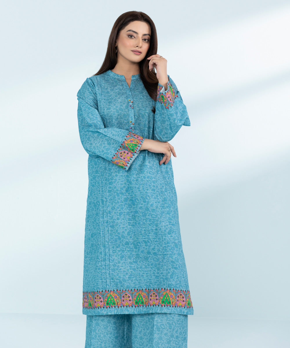 Women's Blue 2 Piece- Printed Khaddar Suit