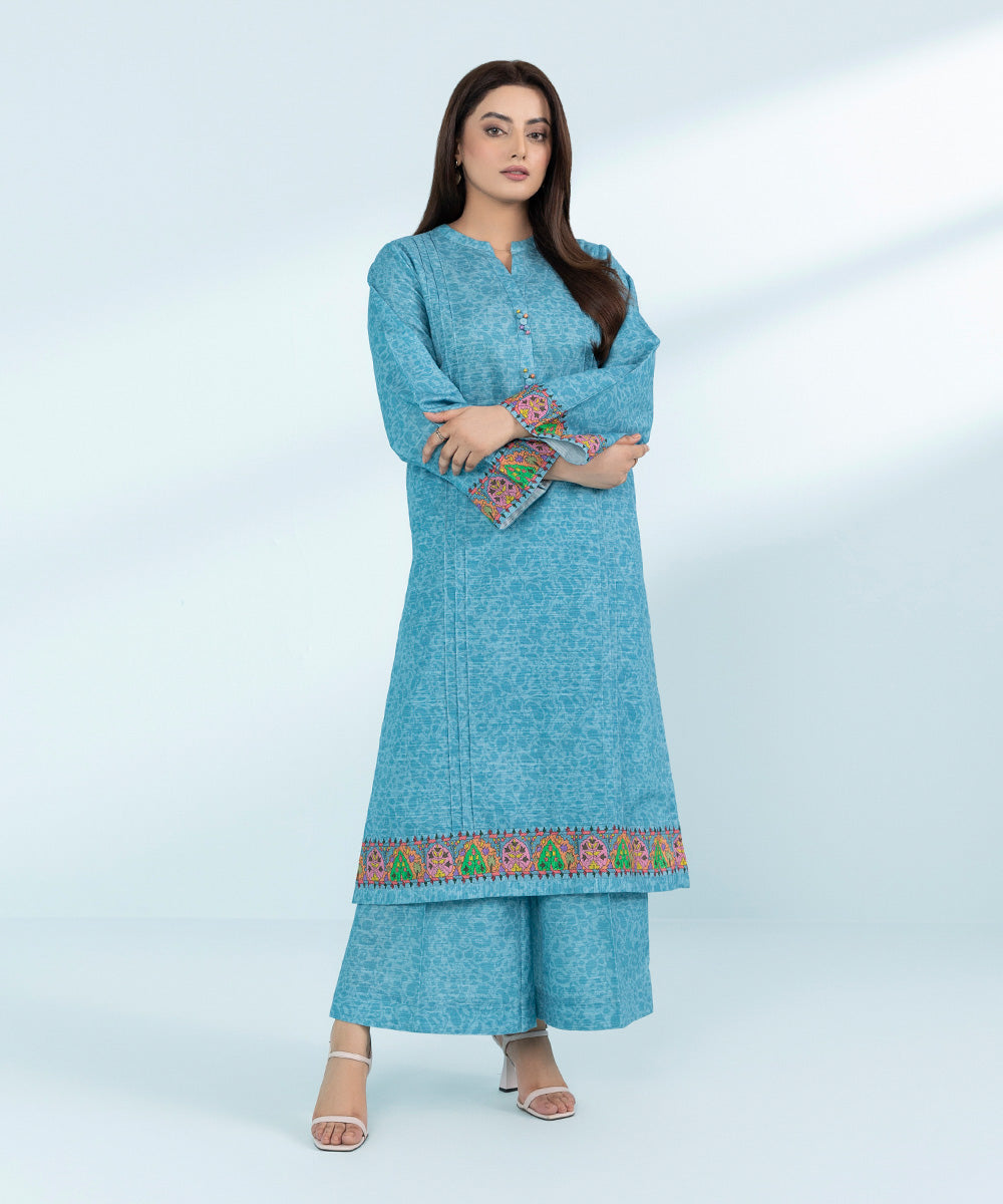 Women's Blue 2 Piece- Printed Khaddar Suit