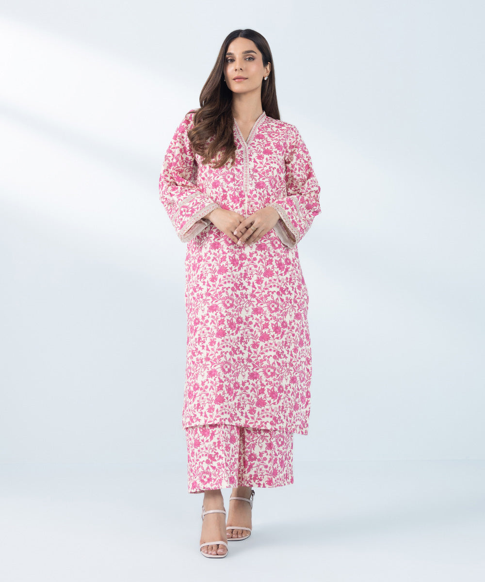 Women's Off-White & Pink 2 Piece Embroidered Khaddar Suit