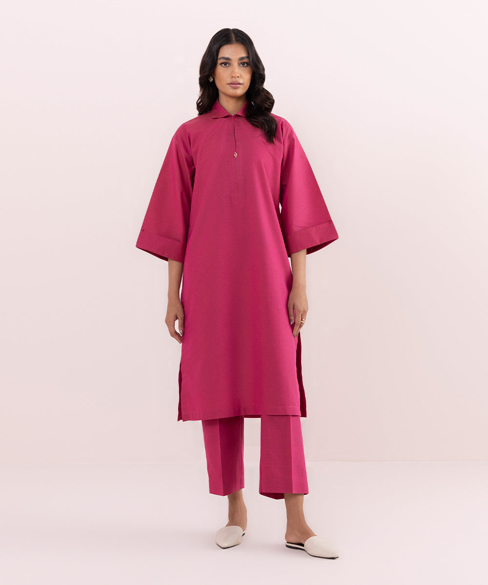 Women's Pret Textured Cotton Solid Pink 2 Piece Suit