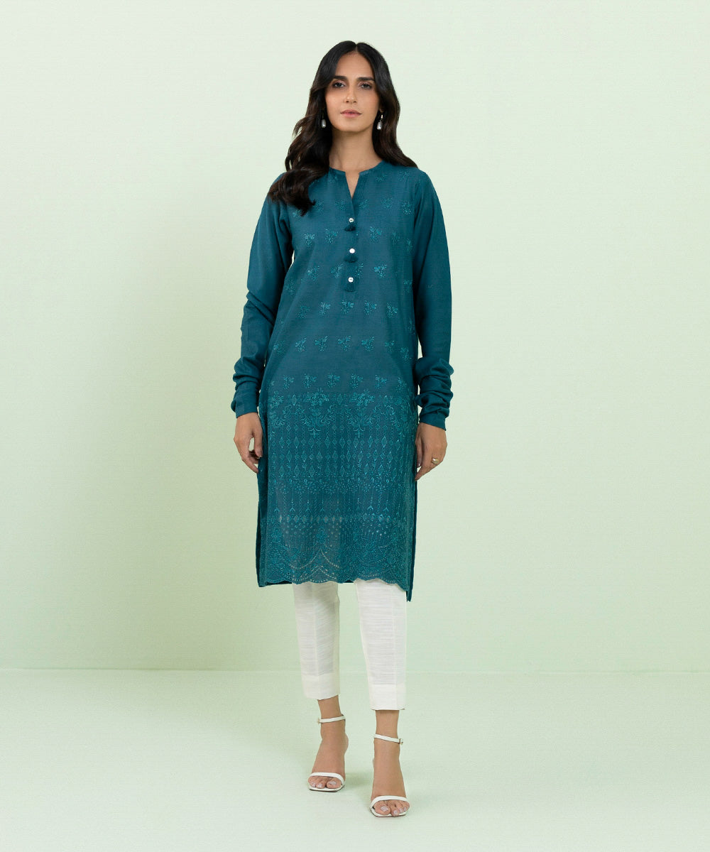 Women's Pret Recycled Cotton Embroidered Blue Straight Shirt