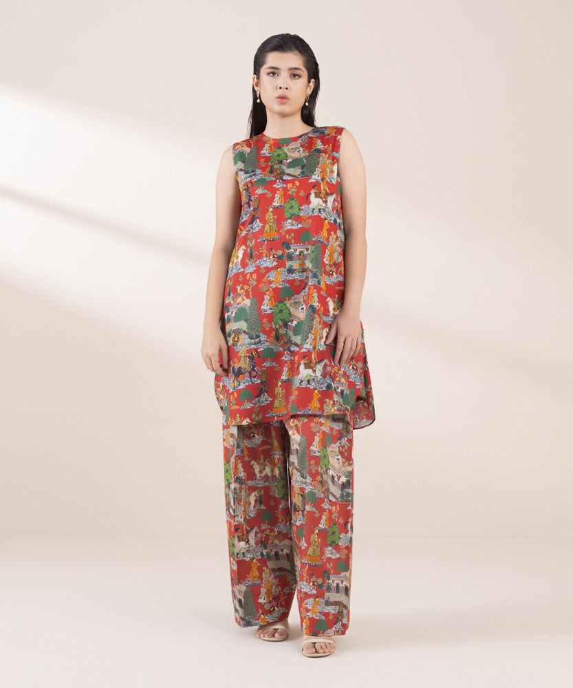 Women's Pret Red 2 Piece Printed Cotton Satin Suit