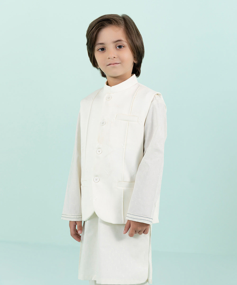 Boys White Embroidered Blended Viscose Waistcoat