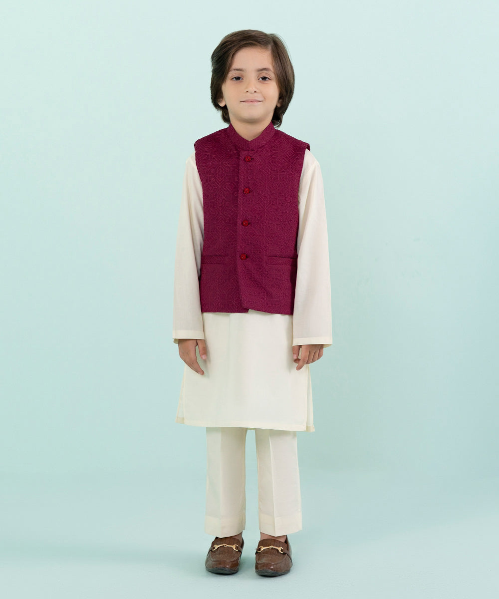 Boys Off White Embroidered Cambric Suit