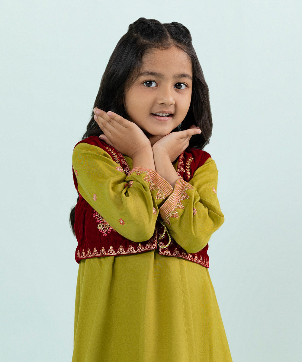 Girls Olive 3 PC Embroidered Raw Silk Suit