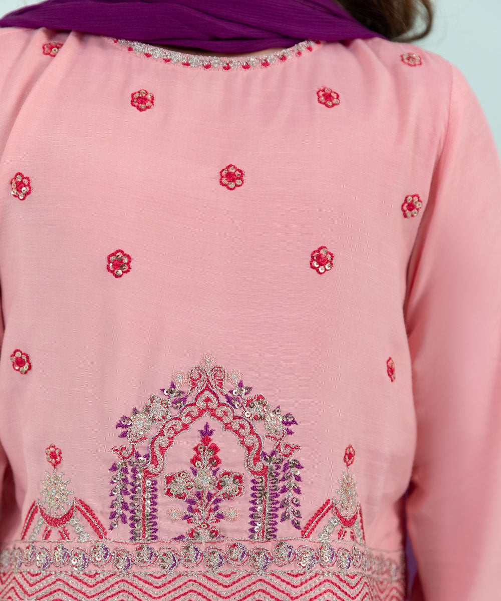 Girls Light Pink 3 PC Embroidered Raw silk Suit