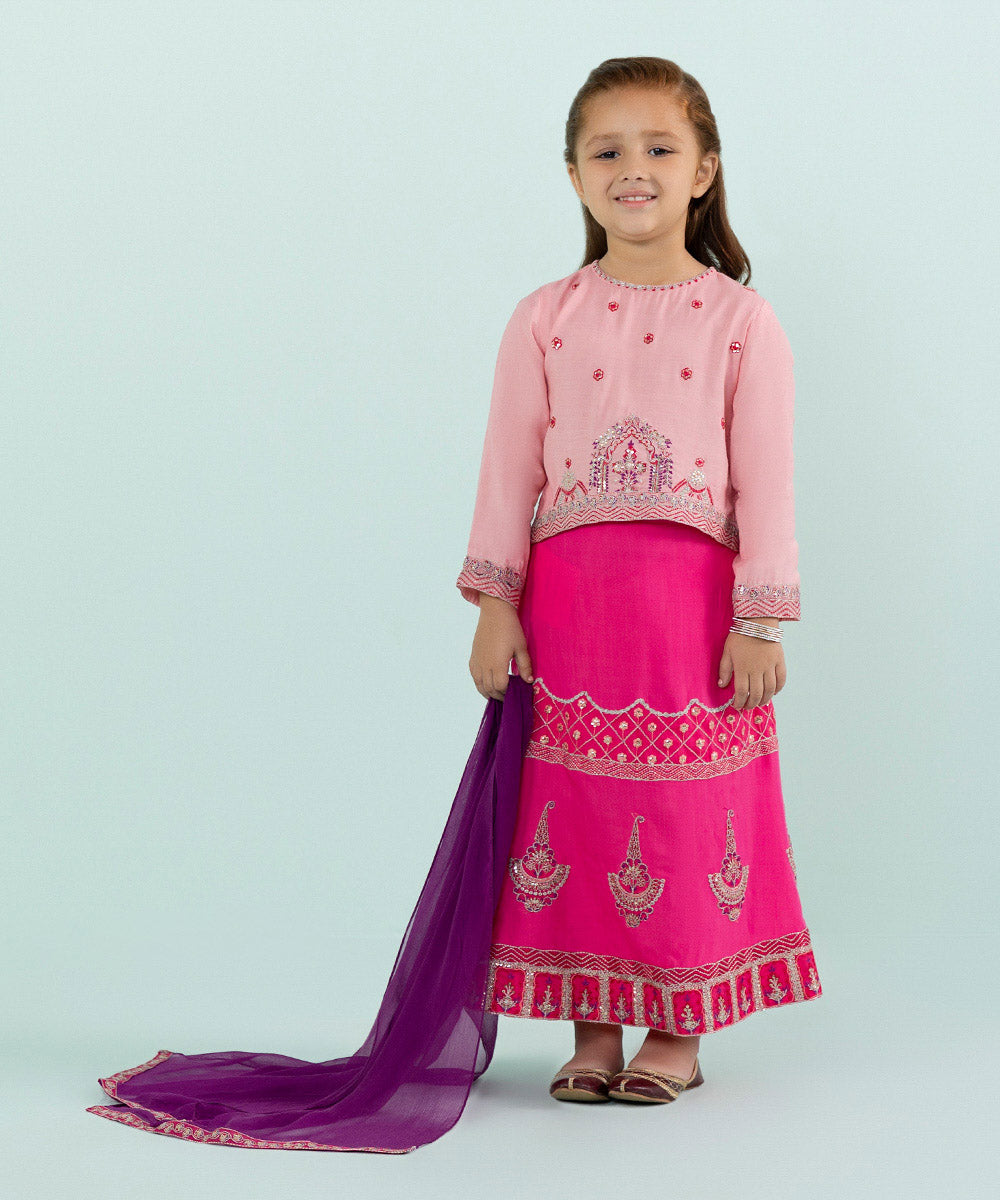 Girls Light Pink 3 PC Embroidered Raw silk Suit