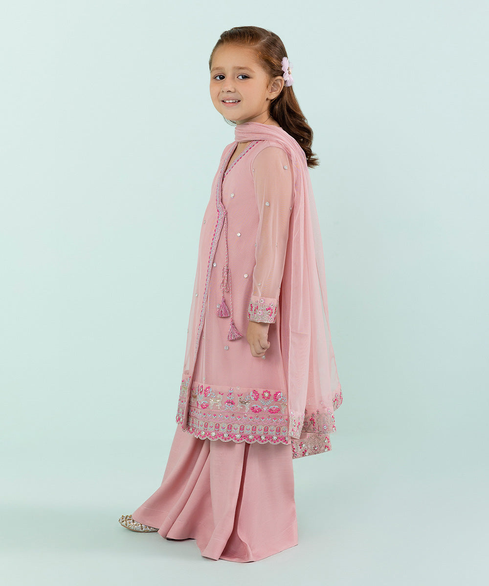 Girls Tea Pink 3 PC Embroidered Net Suit