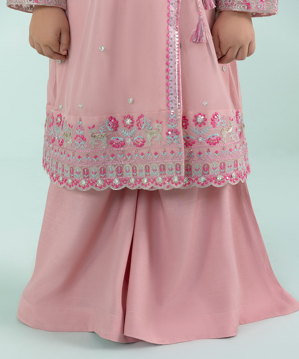 Girls Tea Pink 3 PC Embroidered Net Suit