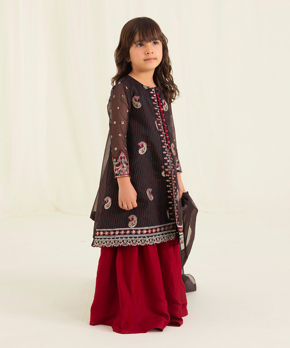 Kids East Girls Formal Black Embroidered Silk Organza Zari Line 3 Piece Suit