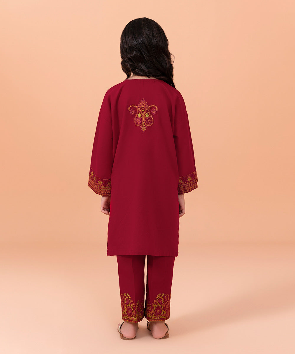 Girls Dyed Maroon 2 PC Embroidered Cotton karandi Suit