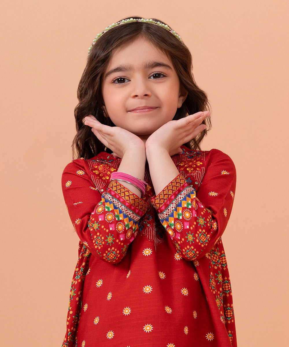 Girls 2 PC Rust Embroidered Cotton Khaddar Suit