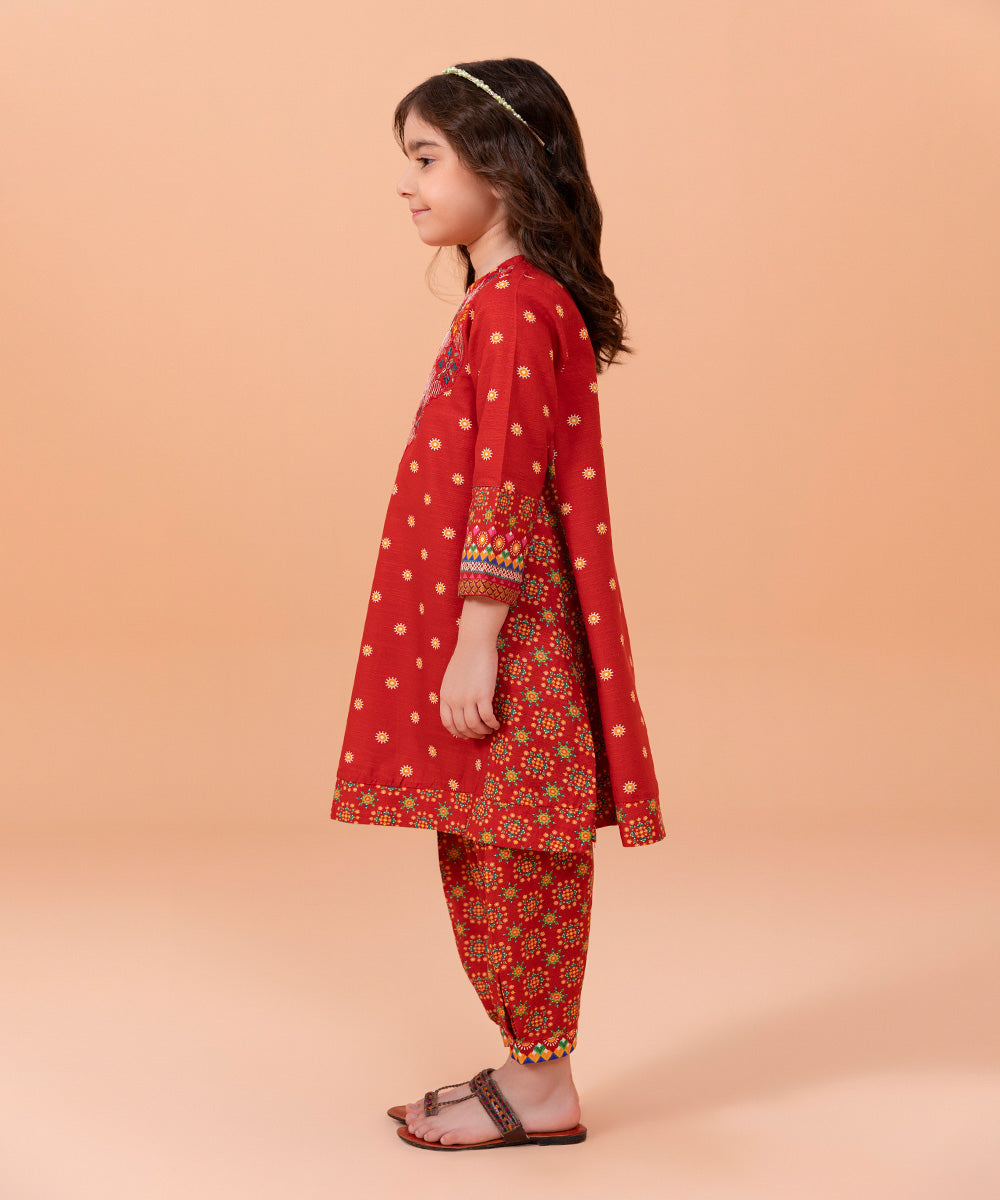 Girls 2 PC Rust Embroidered Cotton Khaddar Suit