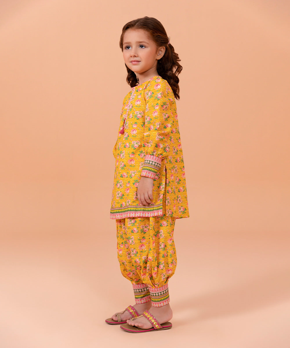 Girls 2 PC Yellow Printed Cotton Khaddar Suit