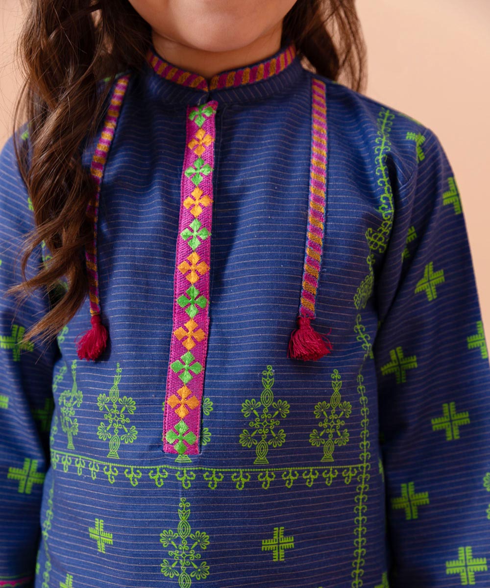 Girls 3 PC Blue Embroidered Zari Khaddar Suit