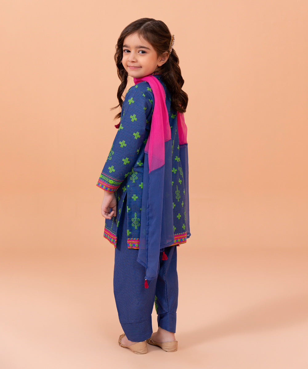 Girls 3 PC Blue Embroidered Zari Khaddar Suit