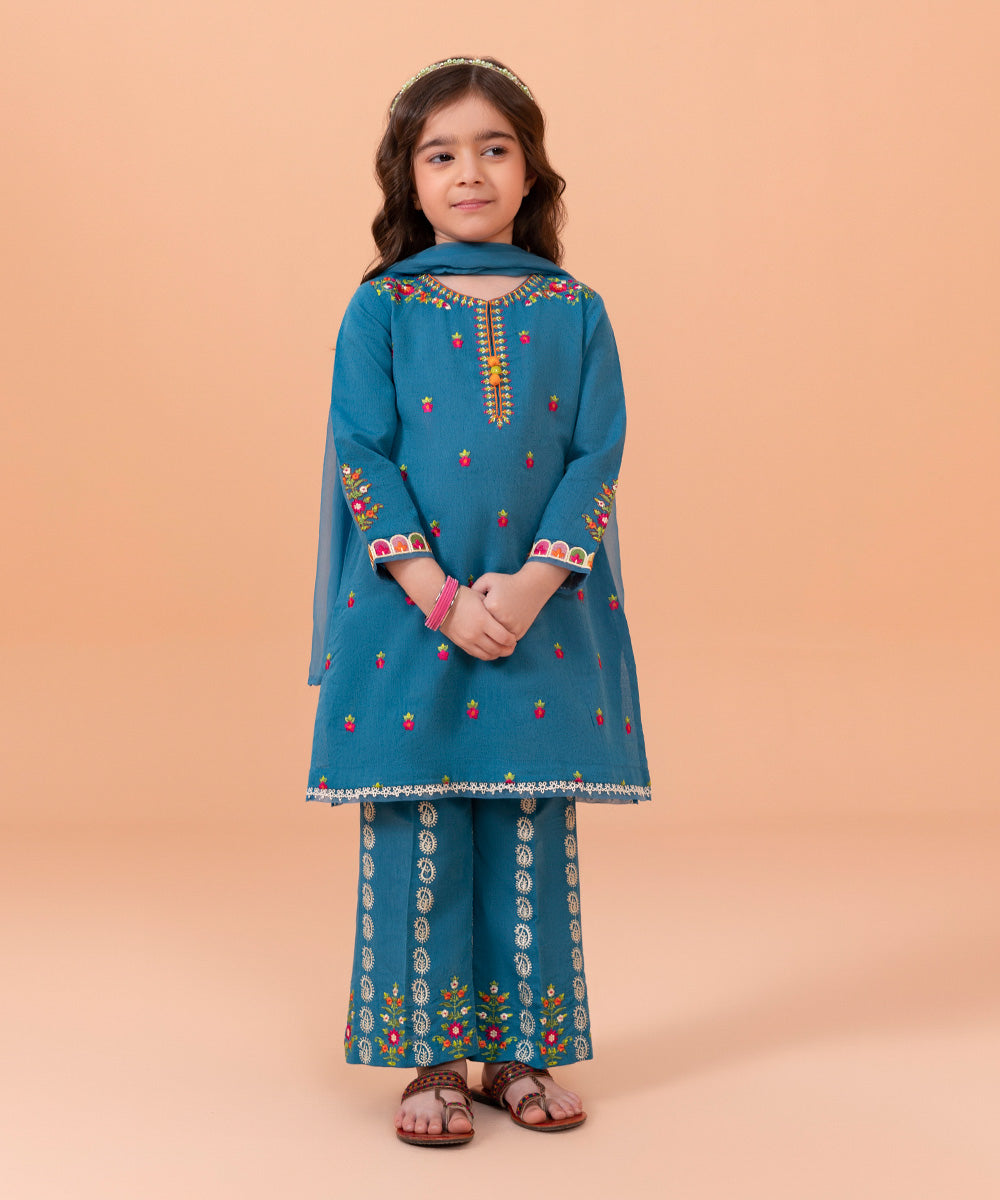 Girls 3 PC Teal Embroidered Cotton Karandi Suit