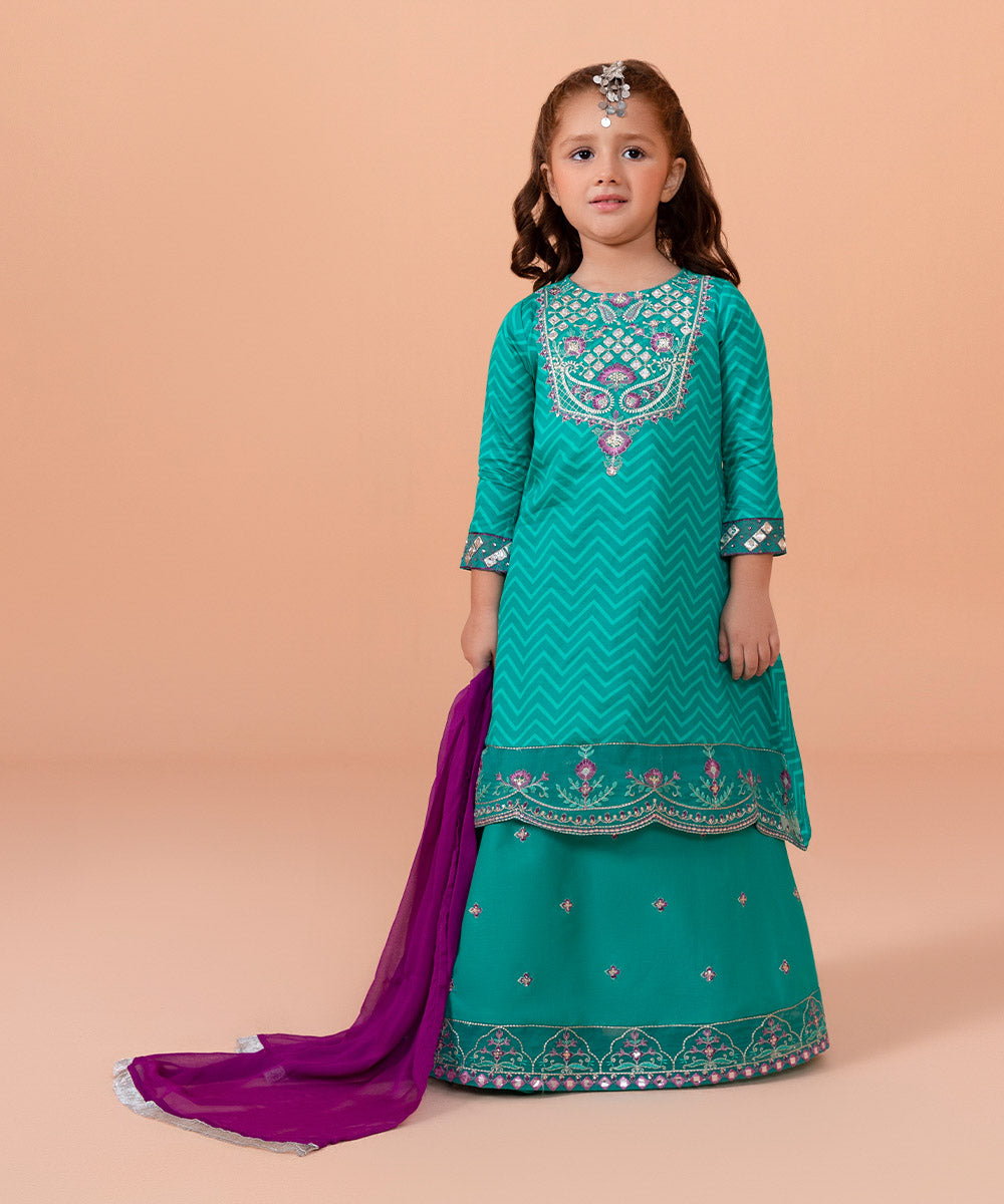 Girls Printed Green 3 PC Embroidered Cotton Satin Suit