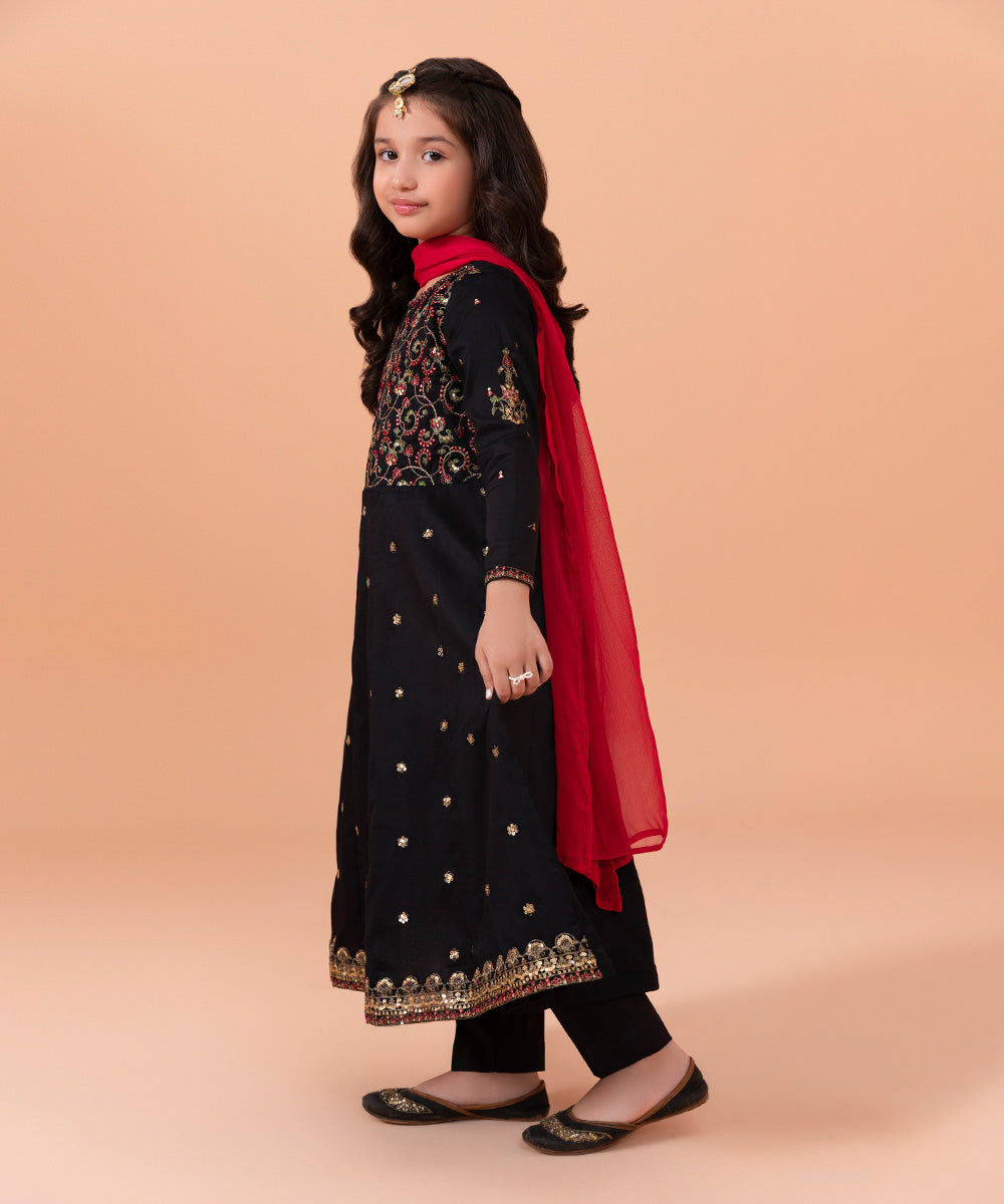 Girls Dyed Black 3 PC Embroidered Cotton Satin Suit