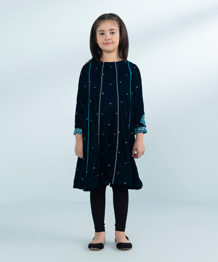 Girls Dyed Embroidered Velvet Dress in Blue