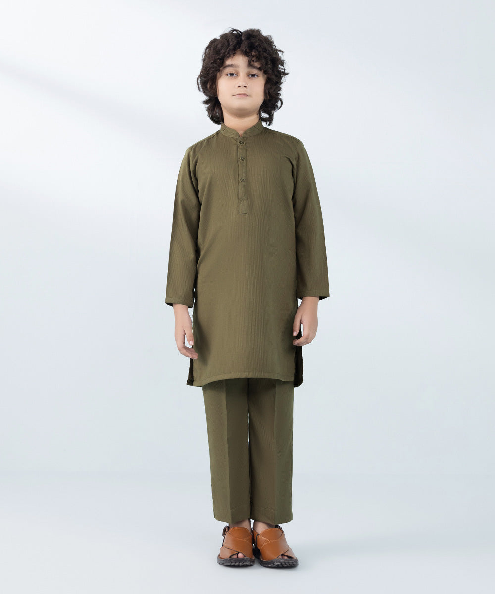 Kids East Boy's Olive Green 2 Piece Dyed Dobby Suit