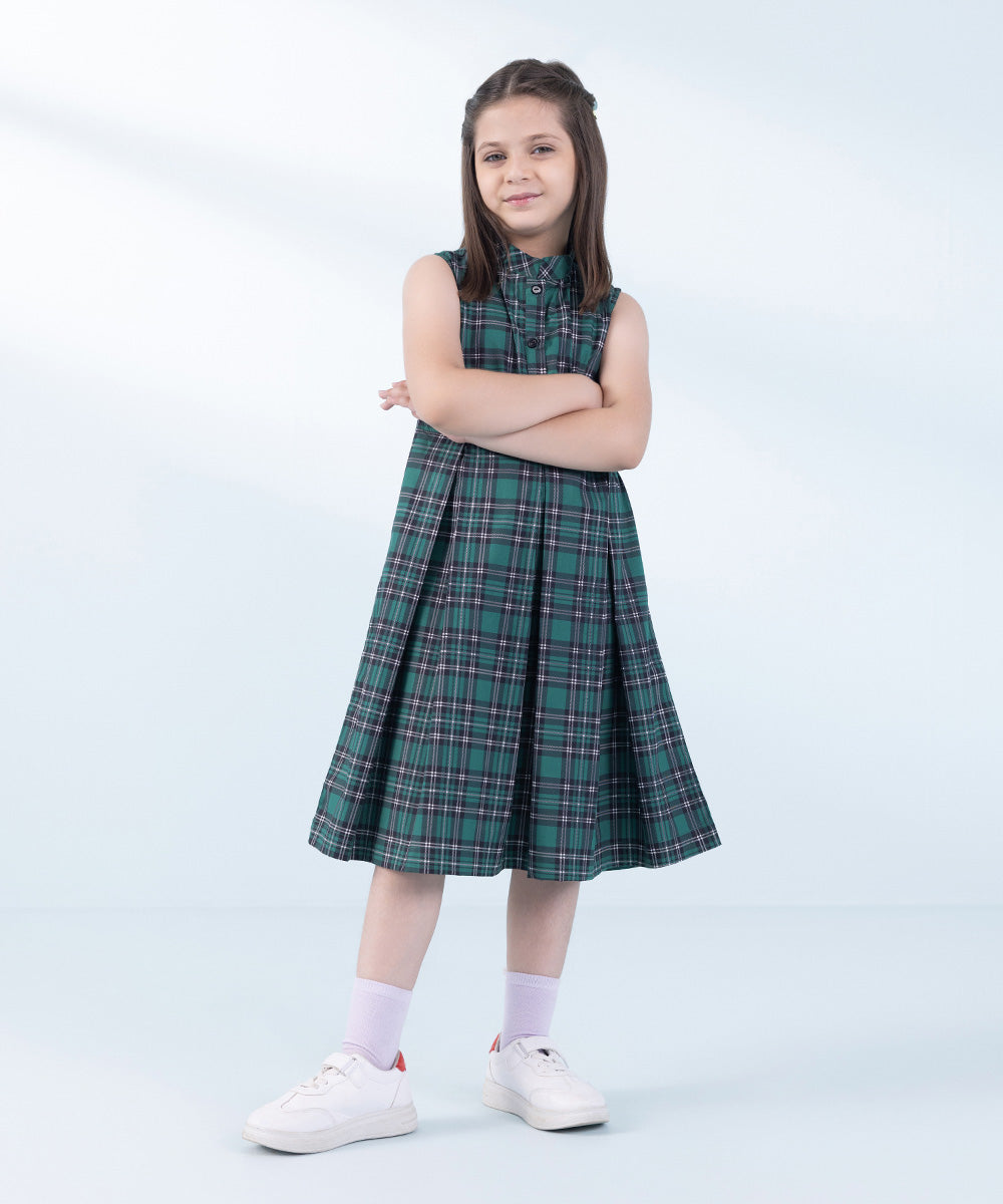 Girl's Green Printed Poplin Dress