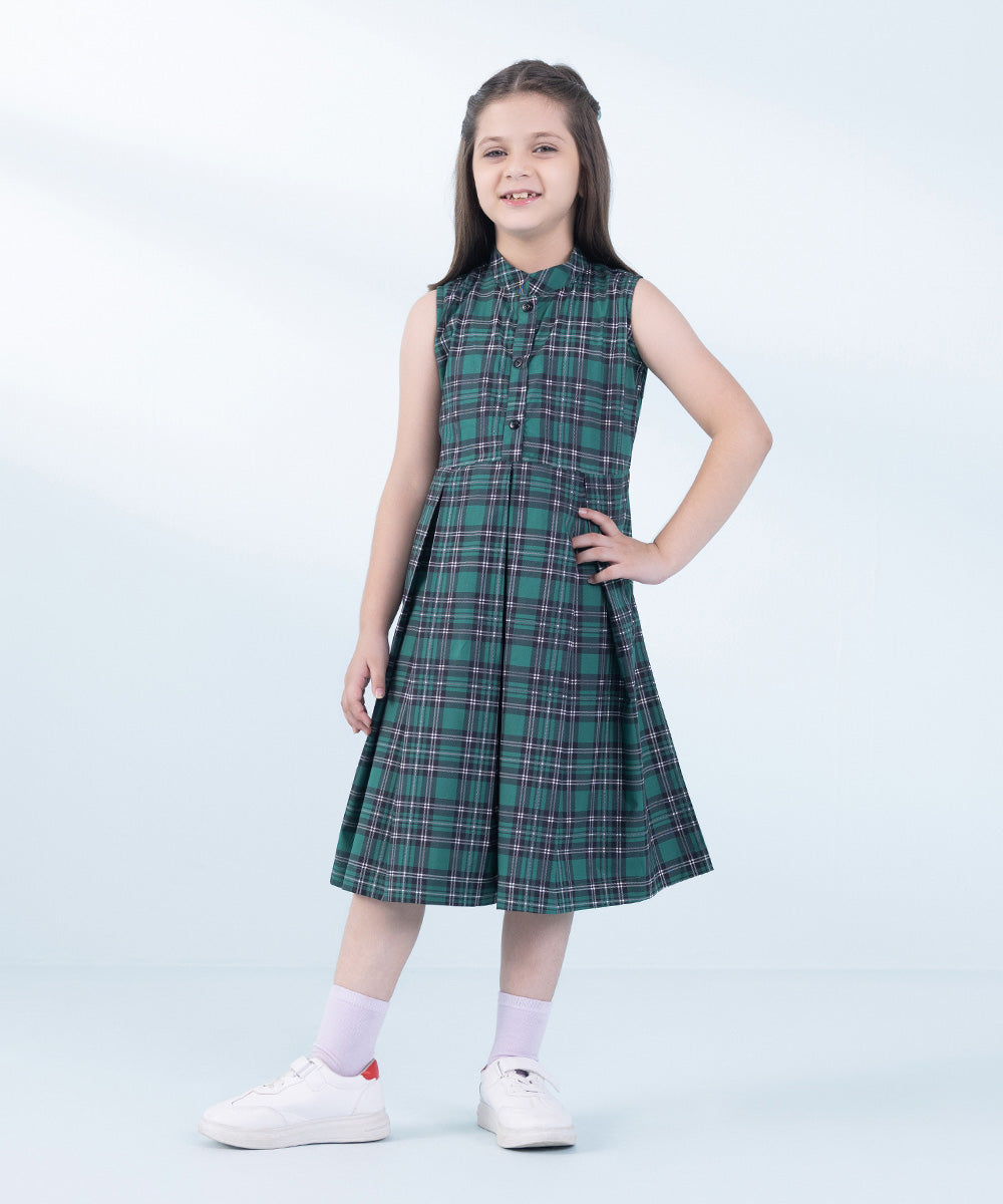 Girl's Green Printed Poplin Dress