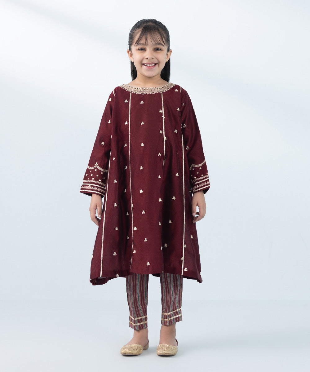 Kids East Girl's Maroon & Multi 2 Piece Embroidered Silk Cotton Net Suit