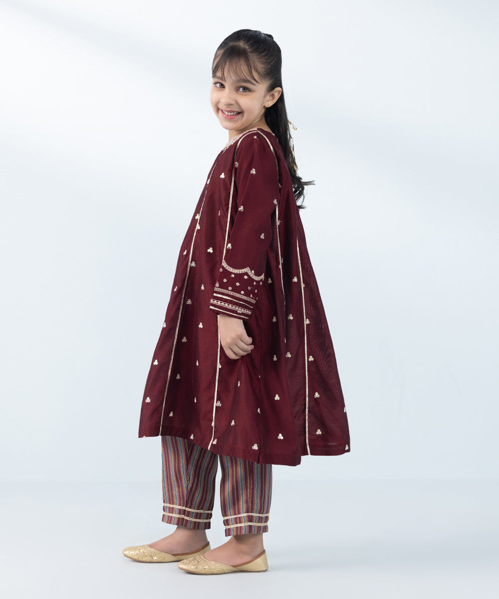 Kids East Girl's Maroon & Multi 2 Piece Embroidered Silk Cotton Net Suit