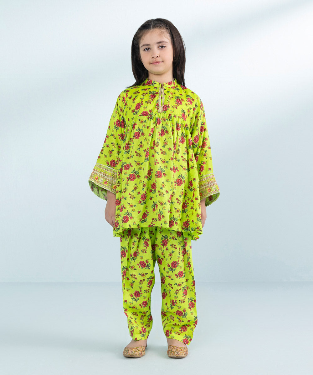 Girls 2 Piece Printed Embroidered Viscose Raw Silk Suit in Green