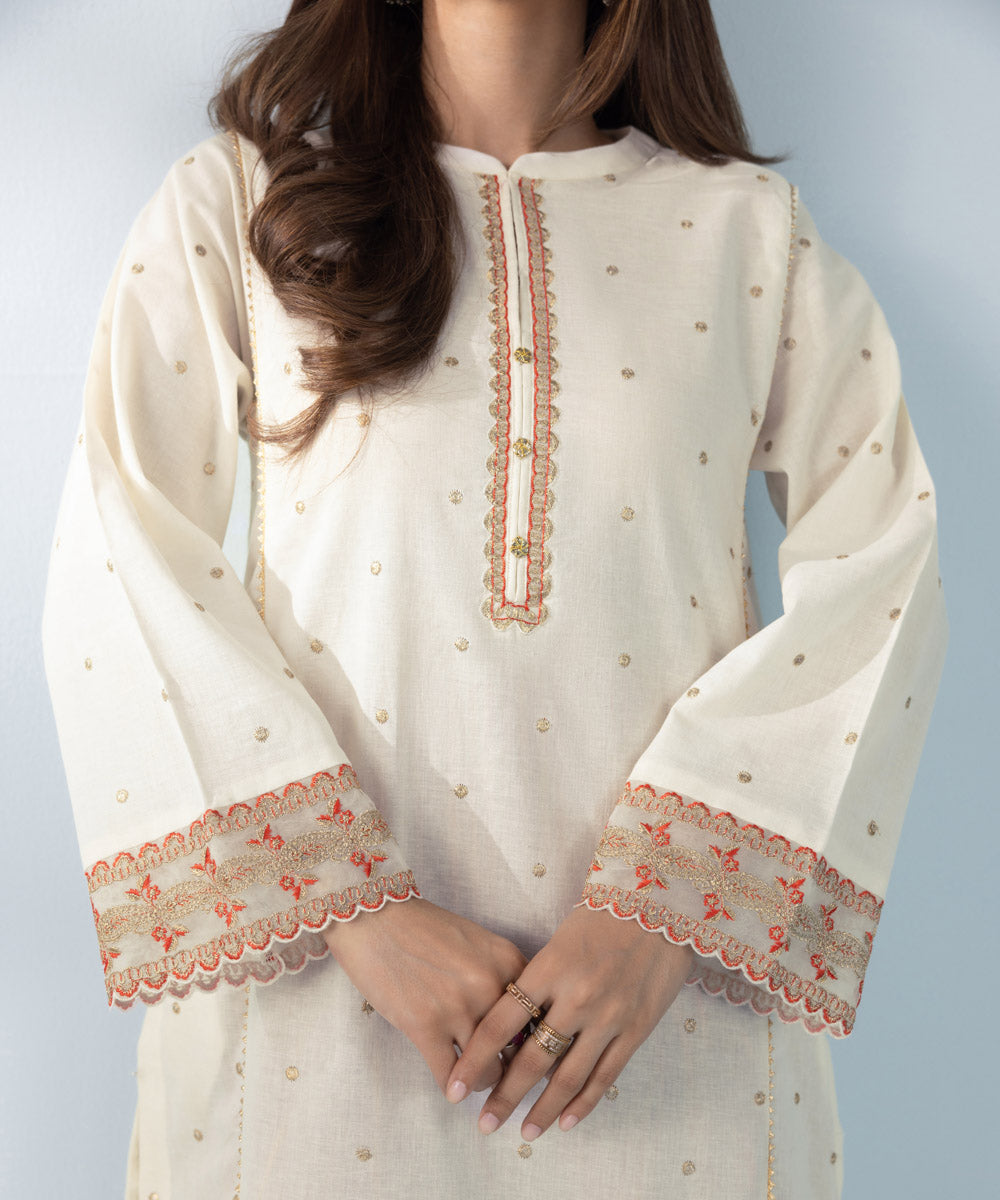 Women's Off-White & Multi 2 Piece Embroidered Khaddar Suit