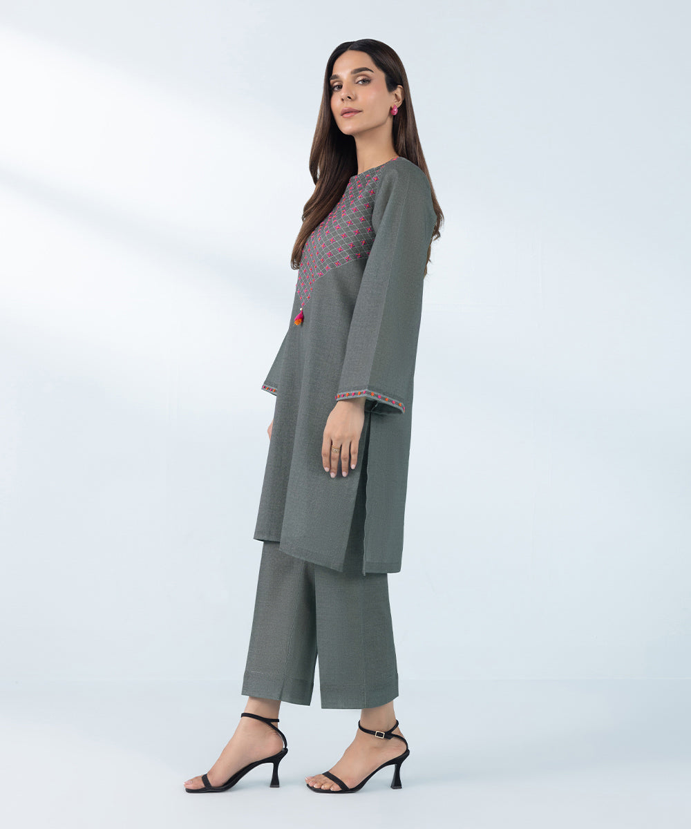 Women's Grey 2 Piece Embroidered Khaddar Suit