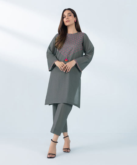 Women's Grey 2 Piece Embroidered Khaddar Suit