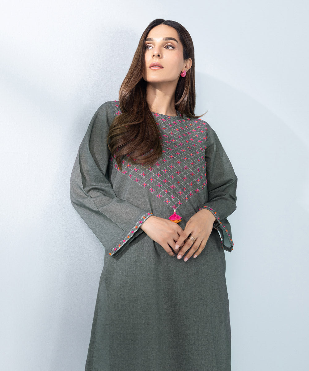 Women's Grey 2 Piece Embroidered Khaddar Suit