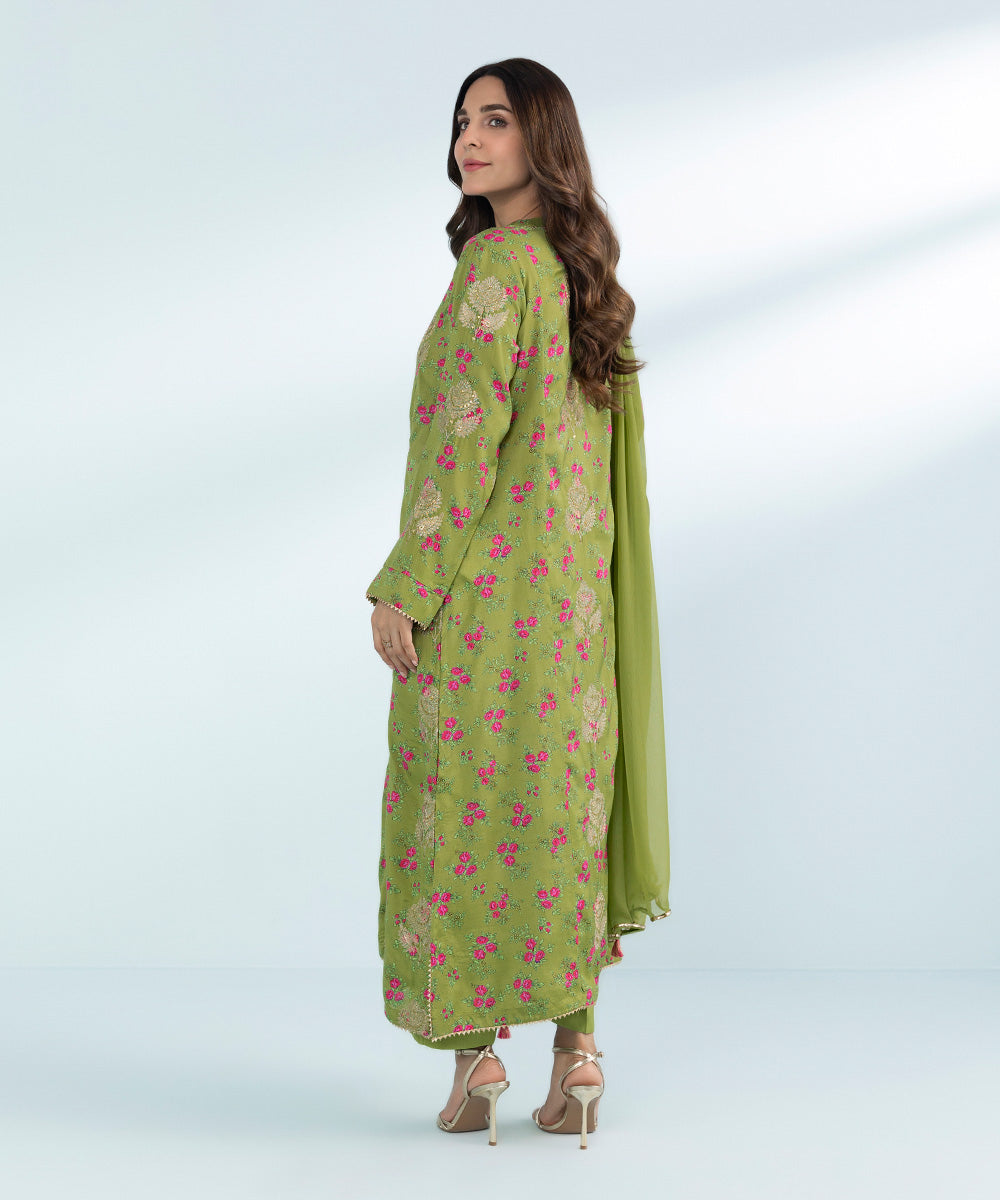 Women's 3 Piece Printed Embroidered Viscose Raw Silk Suit in Green