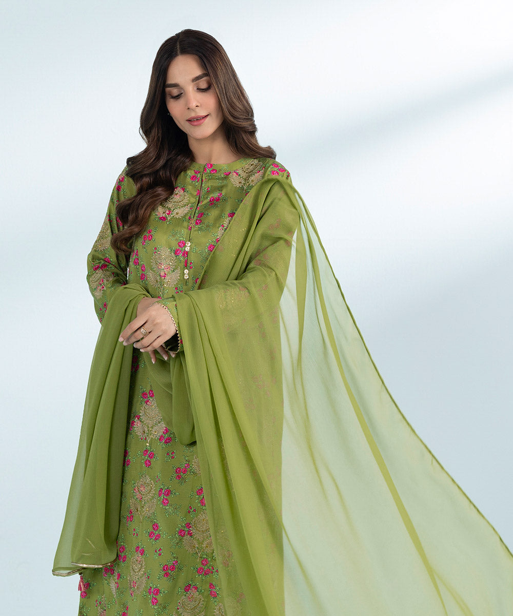 Women's 3 Piece Printed Embroidered Viscose Raw Silk Suit in Green