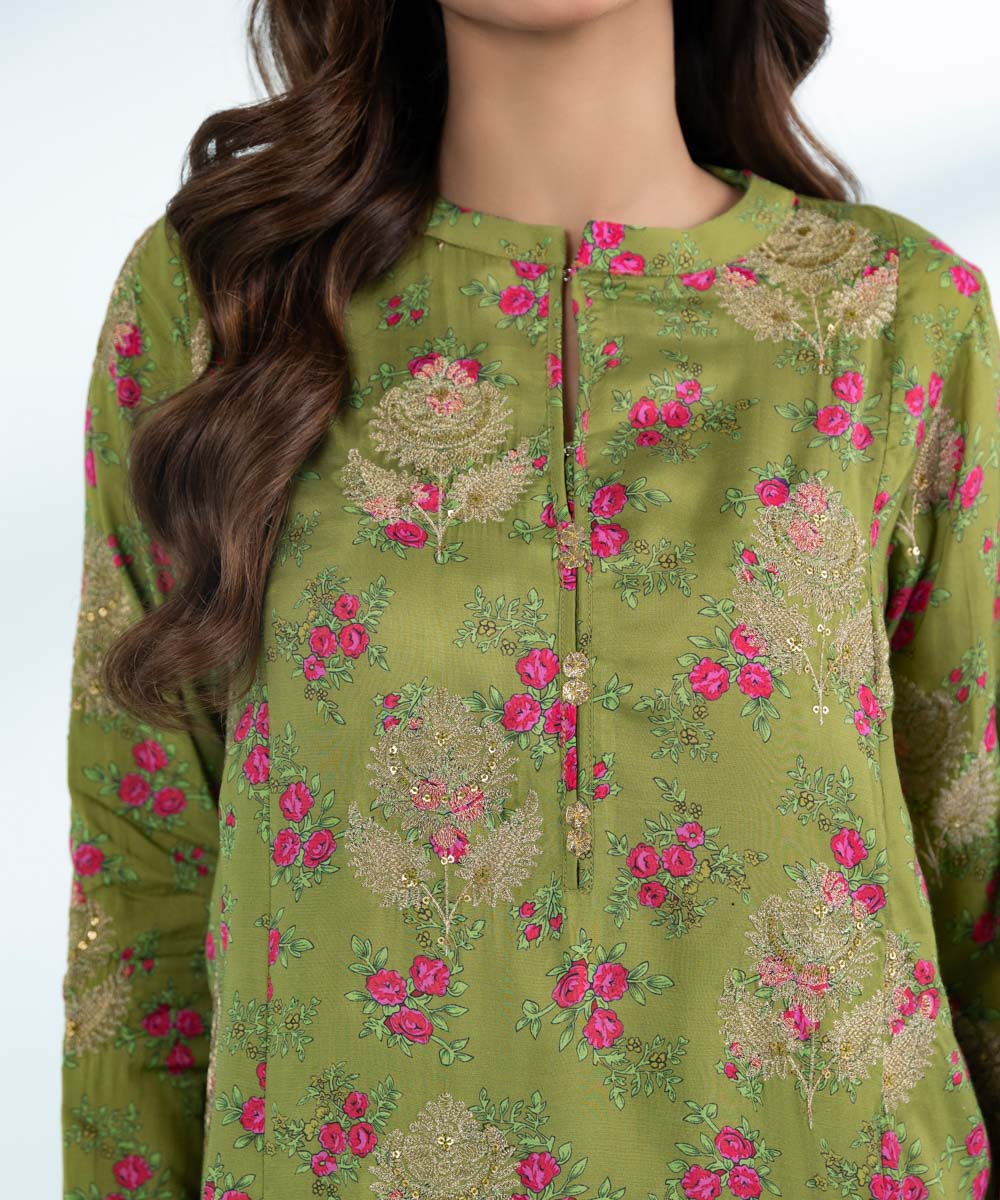 Women's 3 Piece Printed Embroidered Viscose Raw Silk Suit in Green