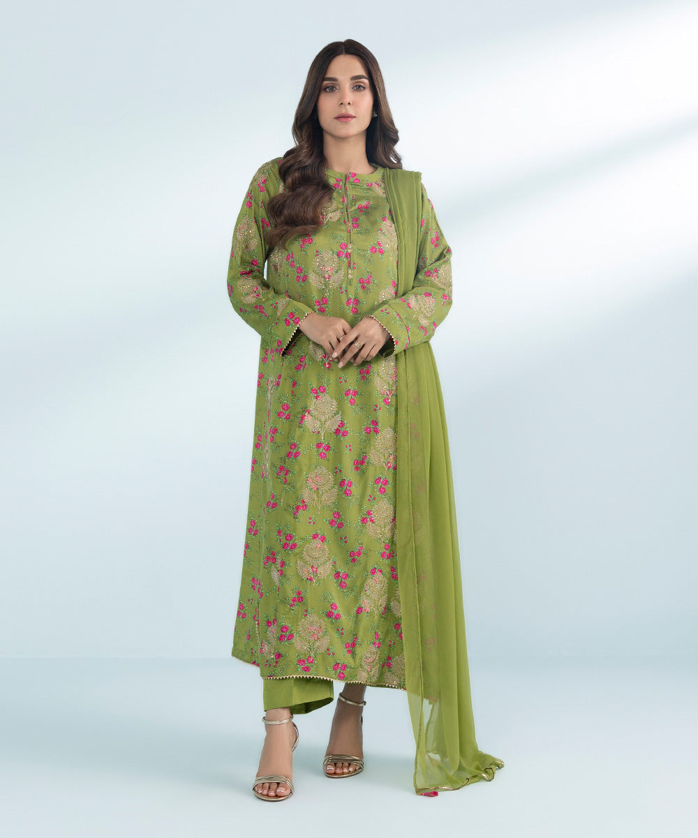 Women's 3 Piece Printed Embroidered Viscose Raw Silk Suit in Green