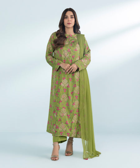 Women's 3 Piece Printed Embroidered Viscose Raw Silk Suit in Green