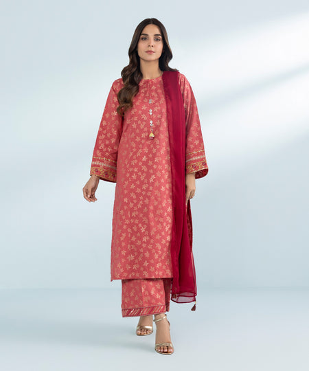 Women's 3 Piece Dyed Embroidered Jacquard Suit in Pink